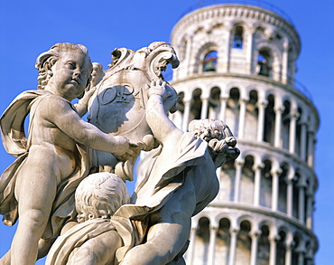 Statues in front of the Leaning Tower in Pisa, UNESCO World Heritage Site, Tuscany, Italy, Europe