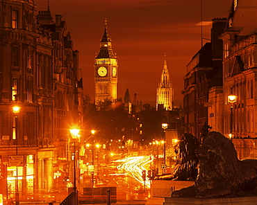 View at night from Trafalgar Square down Whitehall to Big Ben, London, England, United Kingdom, Europe