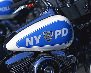 Close-up of Harley Davidson motorcycle with insignia of the City of New York Police Department, NYPD, on side, in New York, United States of America, North America