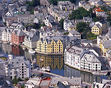 Aerial view over river running through central Alesund, Norway, Scandinavia, Europe