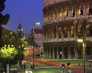 The Colosseum illuminated at night in Rome, Lazio, Italy, Europe