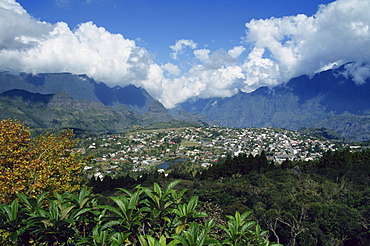 Town viewed from Roche Merveilleuse, Cilaos, Reunion, Indian Ocean, Africa