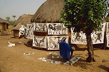 Batiks hanging on line in village near Korhogo, Ivory Coast, West Africa, Africa