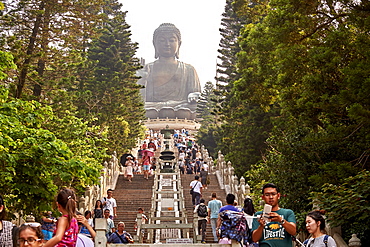 Visitors make the climb to see Big Buddha, Po Lin Monastery, Ngong Ping, Lantau Island, Hong Kong, China, Asia