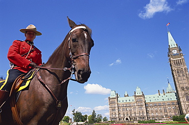 Royal Canadian Mounted Policeman outside the Parliament Building in Ottawa, Ontario, Canada, North America