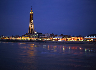 The Blackpool Tower illuminated at dusk, Blackpool, Lancashire, England, United Kingdom, Europe