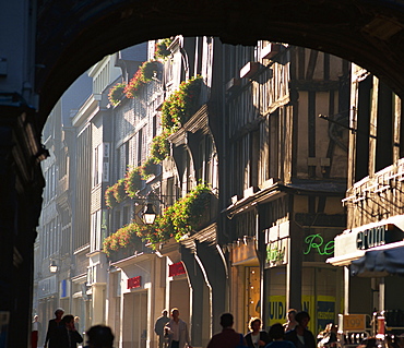 Timbered houses in the Rue du Gros Horloge in the city of Rouen, Seine Maritime, Haute Normandie, France, Europe