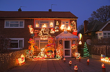 Suburban house with Christmas lights and decorations, Surrey, England, United Kingdom, Europe