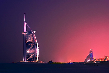 Burj al Arab hotel in the evening, Dubai, United Arab Emirates, Middle East