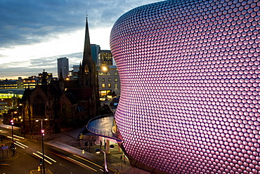 Selfridges and St. Martins church at dusk, Birmingham, England, United Kingdom, Europe