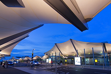 Heathrow Airport Terminal 5 at dusk, London, England, United Kingdom, Europe