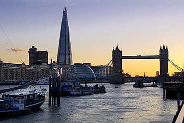 Shard with Tower Bridge at sunset, London, England, United Kingdom, Europe