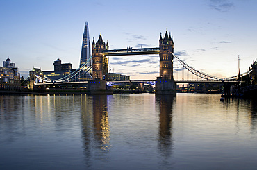 Shard with Tower Bridge at sunset, London, England, United Kingdom, Europe