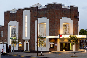 The famous Art Deco Broadway Cinema in Letchworth Garden City, illuminated at dusk, Letchworth, Hertfordshire, England, United Kingdom, Europe