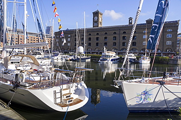 Luxury boats moored in St Katherine's Dock, London, England, United Kingdom, Europe