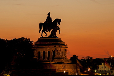 Kaiser Wilhelm I statue at sunset on Deutsches Eck, Koblenz, Rhineland-Palatinate, Germany, Europe