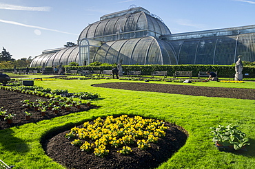 Kew Gardens Palm House with newly planted spring flowers, Royal Botanic Gardens, UNESCO World Heritage Site, Kew, London, England, United Kingdom, Europe 