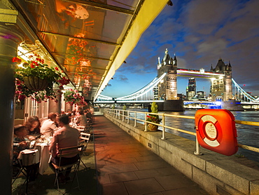 Terrace restaurant and Tower Bridge at dusk, London, England, United Kingdom, Europe