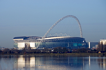 Wembley Stadium across Welsh Harp Lake, London, England, United Kingdom, Europe