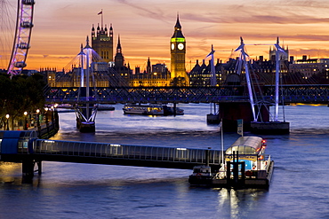 Millennium Wheel (London Eye), River Thames and Big Ben skyline at sunset, London, England, United Kingdom, Europe