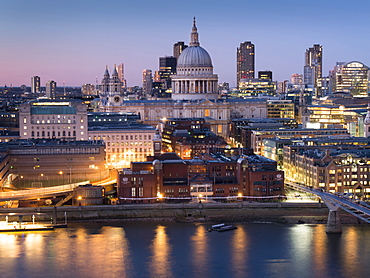 St. Paul's Cathedral and City of London skyline from Tate Switch at dusk, London, England, United Kingdom, Europe