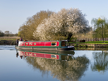 Spring blossom and red narrow boat reflected in tranquil River Thames, Oxfordshire, England, United Kingdom, Europe