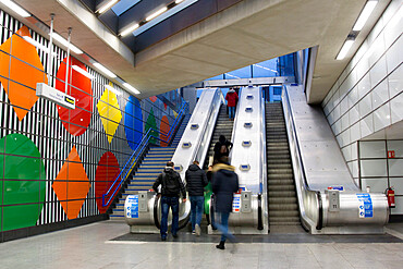 The redeveloped Tottenham Court Road station escalators, London, England, United Kingdom, Europe