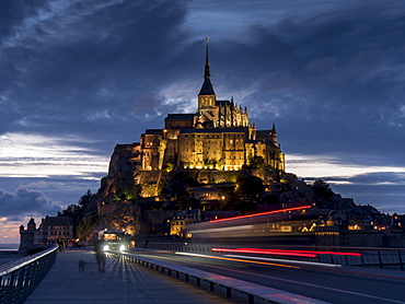 Mont St Michel, UNESCO World Heritage Site, holy island and peninsula at dusk, Normandy, France, Europe