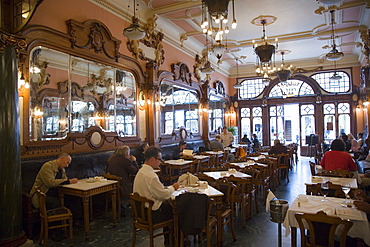 Interior benchwork of the Belle Epoque (Art Nouveau) Cafe Majestic, Rua de Santa Catarina, Oporto, Portugal, Europe