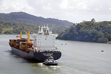 Cargo ship carrying containers, Panama Canal, Panama, Central America