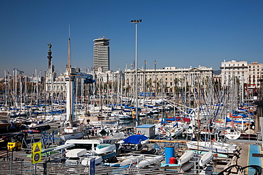 View of Port Vell showing Columbus monument, Barcelona, Catalonia, Spain, Europe