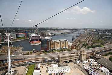 View from a cable car during the launch of the Emirates Air Line showing Excel Exhibition Centre in background, London, England, United Kingdom, Europe