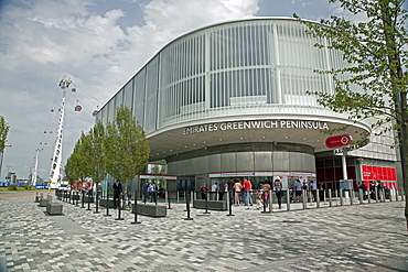 Facade of Greenwich Peninsula terminal during the launch of the Emirates Air Line, London, England, United Kingdom, Europe