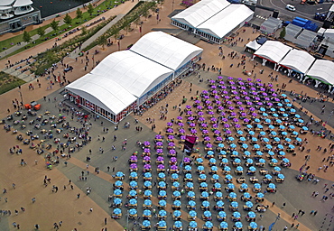 Aerial view of the Olympic Park from the Orbit, Stratford, London, England, United Kingdom, Europe