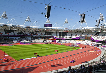 Wide-angle view of the Olympic Stadium showing cable-suspended camera system, Stratford, London, England, United Kingdom, Europe