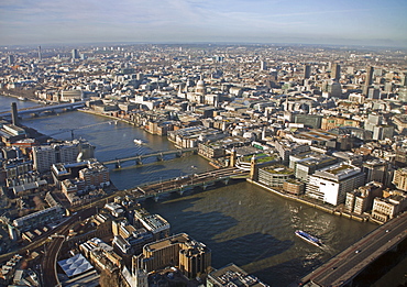 Aerial view of the City of London from the top of the Shard showing the River Thames, London Bridge, Southwark Bridge, Millennium Bridge, Blackfriars Bridge and St. Paul's Cathedral, London, England, United Kingdom, Europe