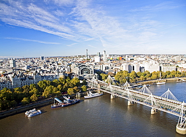 The Hungerford and Golden Jubilee bridges as seen from the London Eye, showing the BT Tower in distance, London, England, United Kingdom, Europe