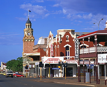 Street scene including clock tower in the outback gold mining town of Kalgoorlie in Western Australia, Australia, Pacific