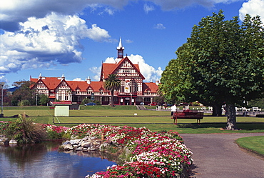 Gardens in front of the Bath House Museum in Rotorua, North Island, New Zealand, Pacific