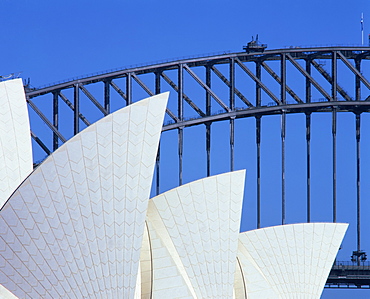 Detail of the Opera House and Harbour Bridge, Sydney, New South Wales, Australia, Pacific