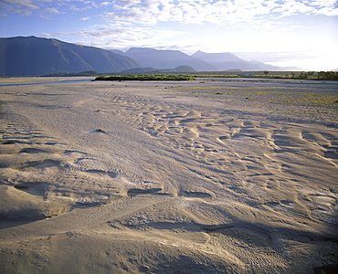 Flood plain with sand depressions, Haast River Valley, from road to Haast Pass, the start of the main divide, Haast, Westland, South Island, New Zealand, Pacific