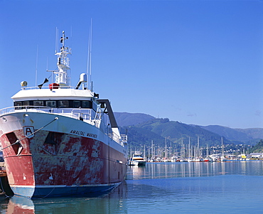 Ship moored in harbour at Nelson, Malborough Sounds, Marlborough, South Island, New Zealand, pacific