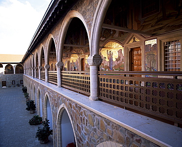 Frescoes in Byzantine tradition in Greek Orthodox monastery, Kykko Monastery, Marathasa, Troodos Mountains, Cyprus, Europe