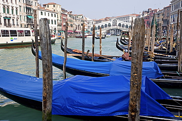 Gondolas line the Grand Canal beside the Rialto Bridge, Venice, UNESCO World Heritage Site, Veneto, Italy, Europe