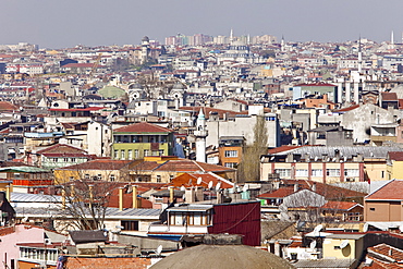 Cityscape of houses and mosques, looking north from harbour, Istanbul, Turkey, Europe