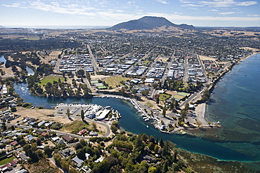 Aerial of Taupo Town and Mount Tauhara, Waikato River and Lake Taupo, North Island, New Zealand, Pacific