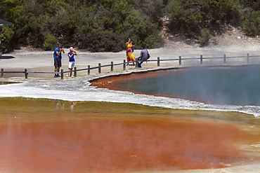 Tourists at the Champagne Pool, hot springs, Waiotapu Goethermal Wonderland, Rotorua, New Zealand, Oceania