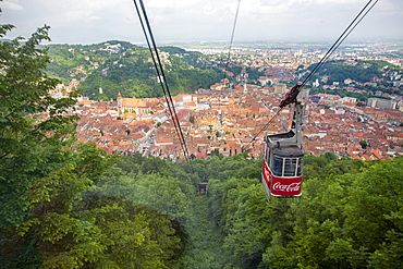 Cable car to Mount Tampa, old part of town in background, Brasov, Transylvania, Romania, Europe