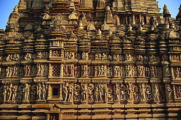 Detail of erotic decoration on temple at Khajuraho, UNESCO World Heritage Site, Madhya Pradesh state, India, Asia