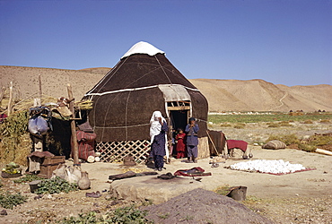 Uzbeki family outside yurt, near Maymana, Afghanistan, Asia